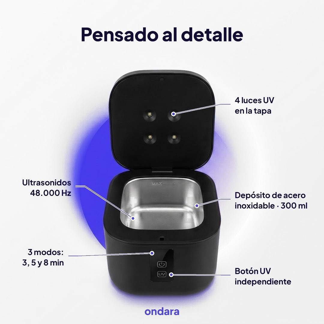Pensado al detalle: 4 luces UV, ultrasonidos 48.000 Hz, depósito de acero de 300 ml
